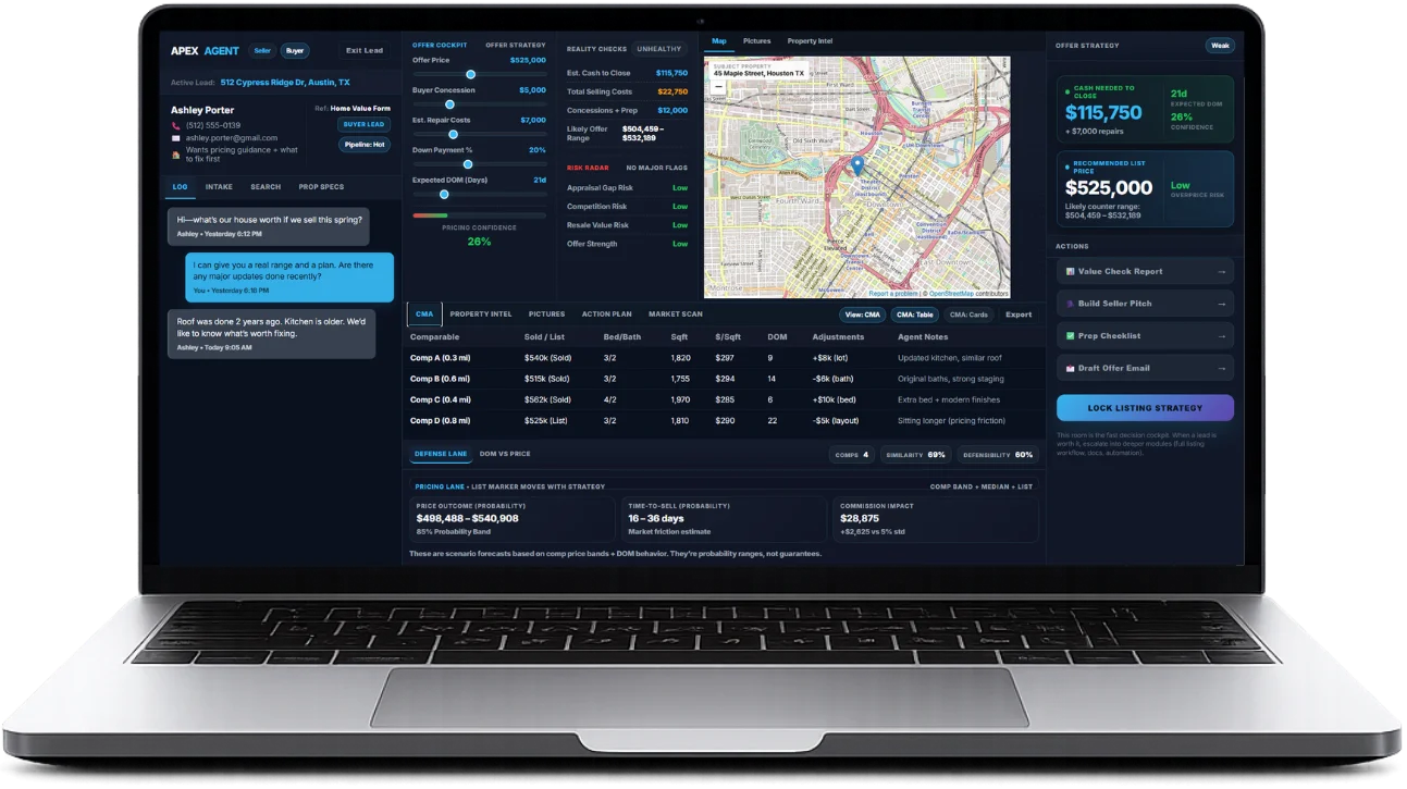 Apex Agent War Room — pricing simulator, risk radar, CMA, and listing strategy loaded before your first call