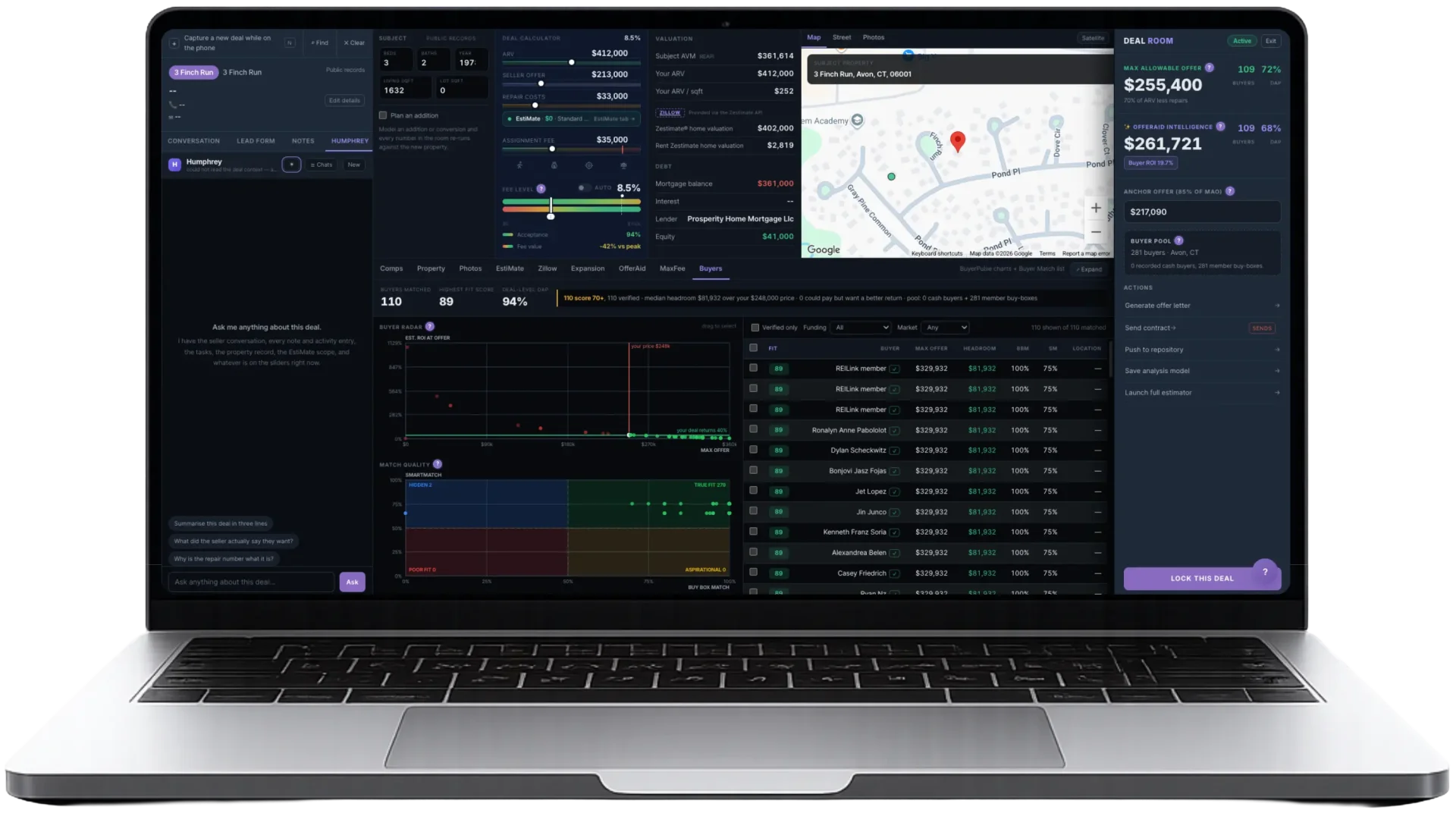 Apex DealRoom — the command centre for a single deal, showing property detail, repair numbers, offer logic, buyer activity and the full conversation in one record