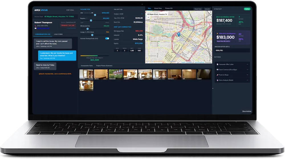 Apex DealRoom — wholesaler command center with live property intelligence, OfferAid DAP scoring, and one-click contract generation