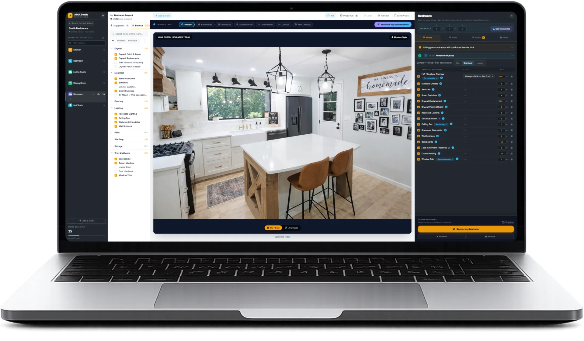 Apex Design Studio — a branded self-close portal with tiers, upgrades, and photorealistic after visuals