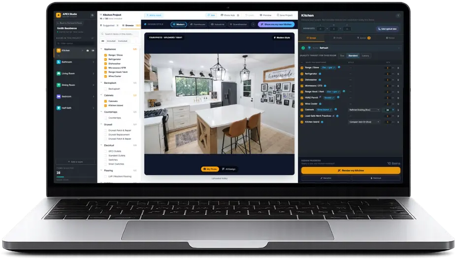 APEX Design Studio on a laptop — homeowner-facing remodel design tool showing a kitchen project with finish swatches, style selection, and live tier pricing on a contractor website