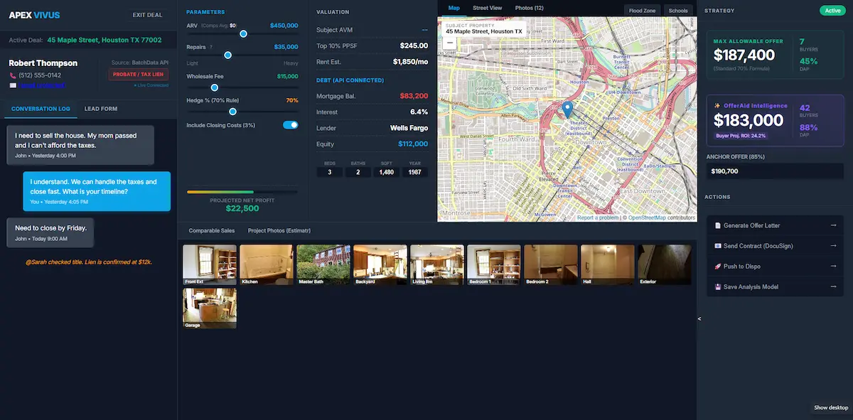 The DealRoom consolidates ARV, repairs, max offer, max fee, and buyers into one decision
