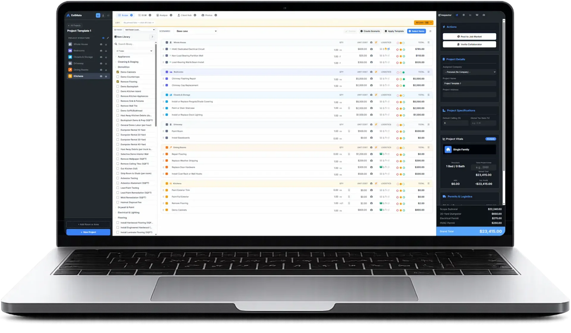 EstiMate by APEX displayed on a laptop — contractor-facing rehab calculator showing itemized scope of work, line item pricing, consumables, permits, and dumpster loads