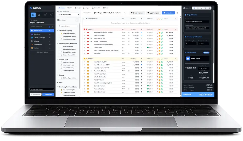 EstiMate by APEX on a laptop — contractor-facing pricing engine showing an itemized scope of work with line items, tier pricing, consumables, and permits for a remodeling project