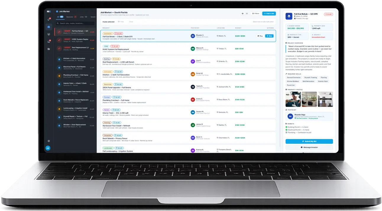 REConnect contractor dashboard on a laptop — the Angi alternative for contractors who want investor-posted rehab jobs with no per-lead fees and no 12-month contract