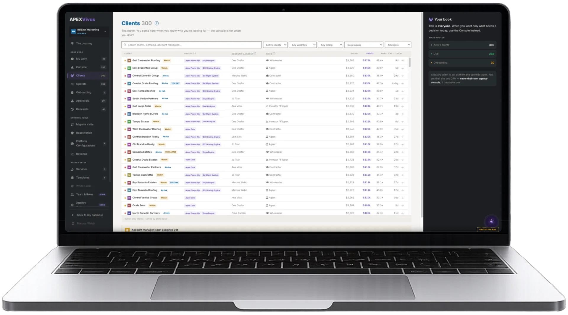 The Apex Vivus Agency console open on a laptop, showing every client site and the work outstanding on each
