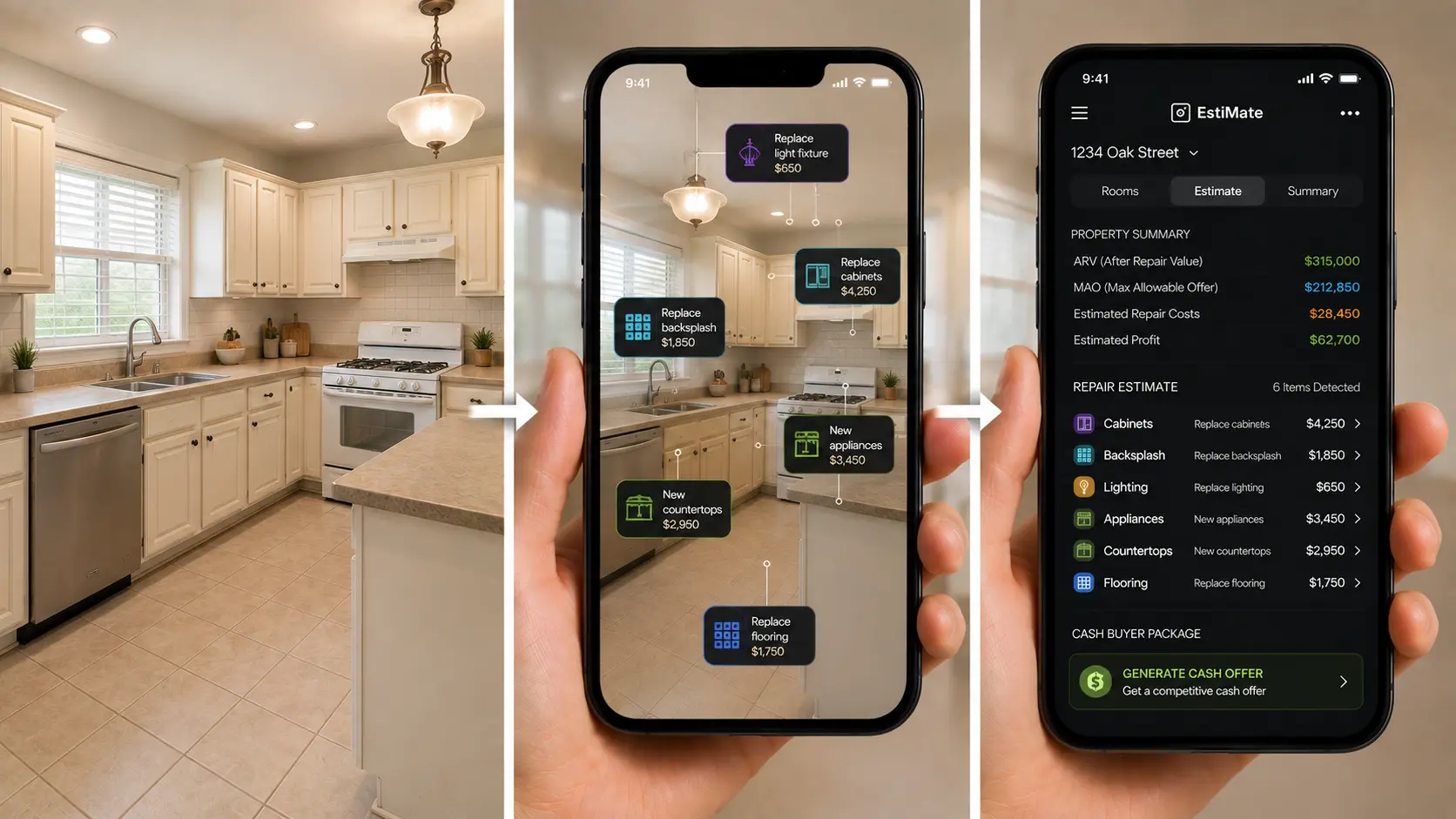 Three steps from photograph to offer in EstiMate: a dated kitchen; the same kitchen on a phone with each repair tagged and priced &mdash; cabinets $4,250, backsplash $1,850, light fixture $650, appliances $3,450, countertops $2,950, flooring $1,750; and the EstiMate summary showing an after-repair value of $315,000, a maximum allowable offer of $212,850, repair costs of $28,450 and estimated profit of $62,700