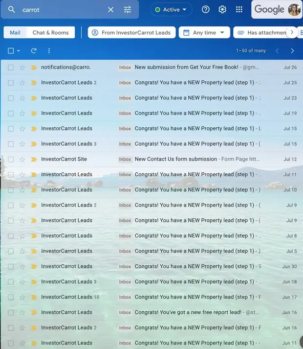 Her mail search for &ldquo;carrot&rdquo;, filtered to InvestorCarrot Leads: 1&ndash;50 of many, screen after screen of &ldquo;Congrats! You have a NEW Property lead&rdquo; running back from late July to mid June.