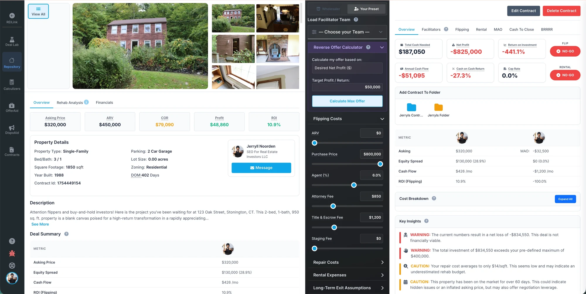 The full contract profile for that property: photos, asking price, ARV, repair cost, profit and ROI, the facilitator team panel and the deal verdicts